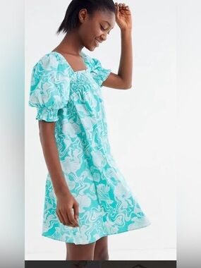 Urban Outfitters vintage cotton Aqua & White Floral Puff-Sleeve Dress sz XS